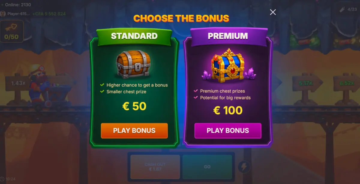 Mine Rush Standard and Premium bonus options at 50x and 100x