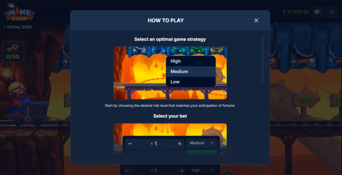 Mine Rush how-to screen showing difficulty and bet selection