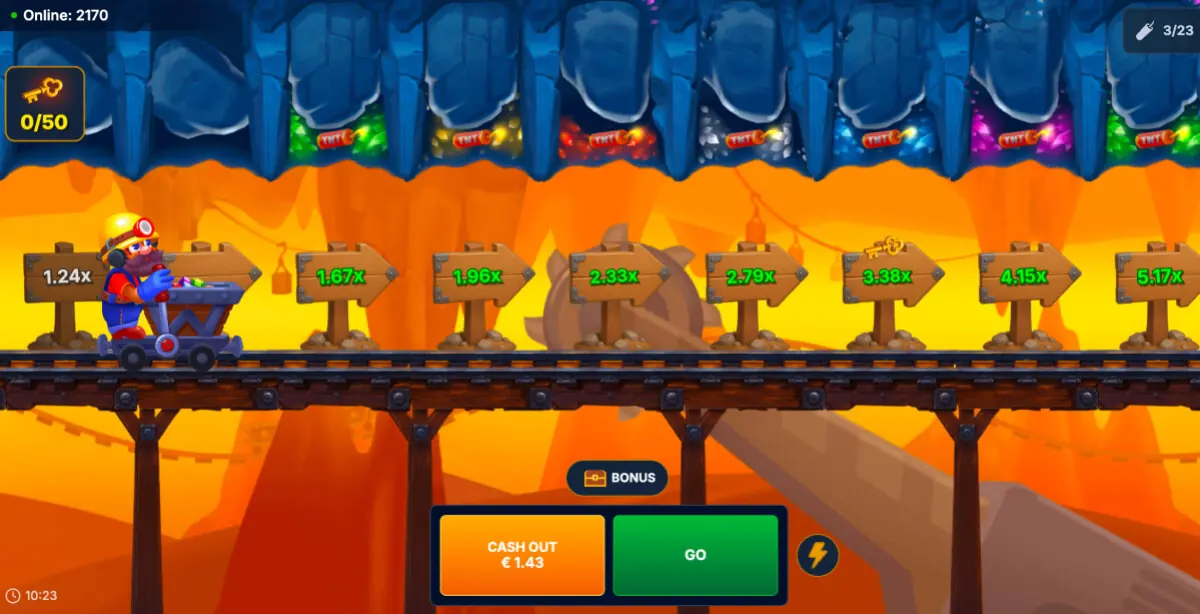 Mine Rush main interface with GO and CASH OUT buttons