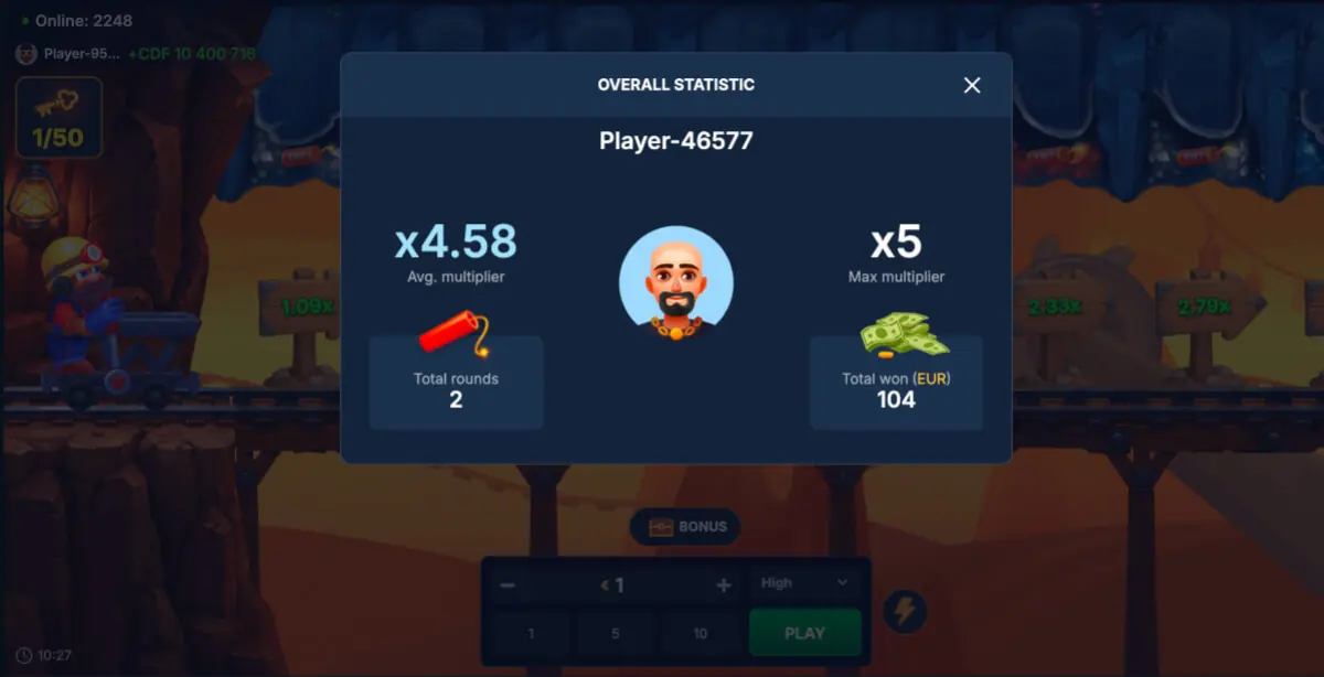 Mine Rush statistics overlay with multiplier and key results